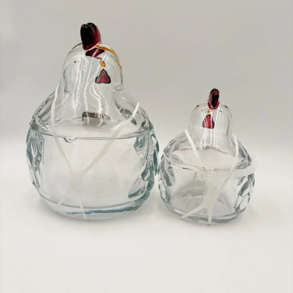 Gourmet Kitchen Glass Chicken Jar Set of 2 Clear Hen Canisters Farmhouse Decor